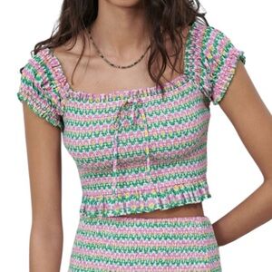 LN Zara  Pink Green yellow Floral Print Bow Tie Smocked Cropped Top - XS